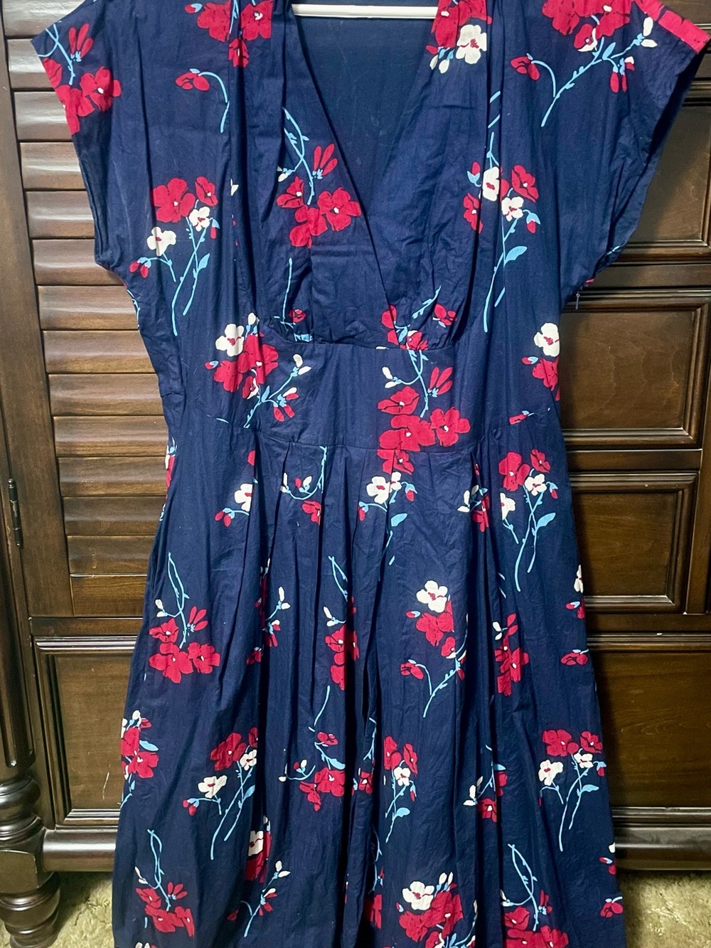 Emily & Fin Navy Red Poppy Floral V-Neck Fit & Flare Pocket Dress UK18 As Is